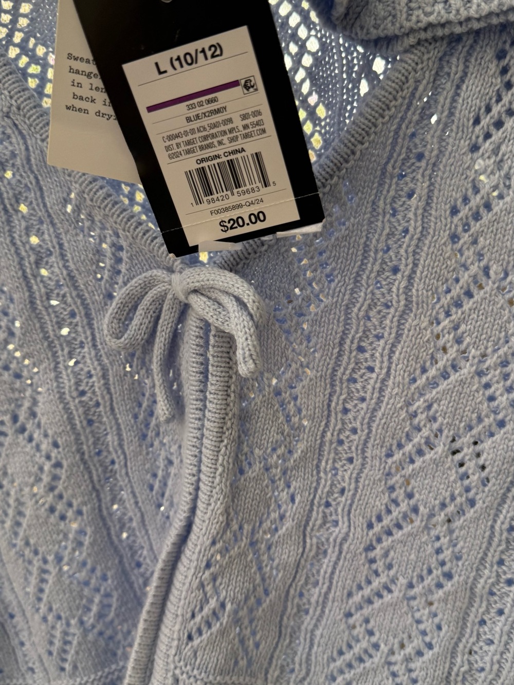 Blue Lace-Knit Girls Cardigan with Tie Detail & Flared Sleeves